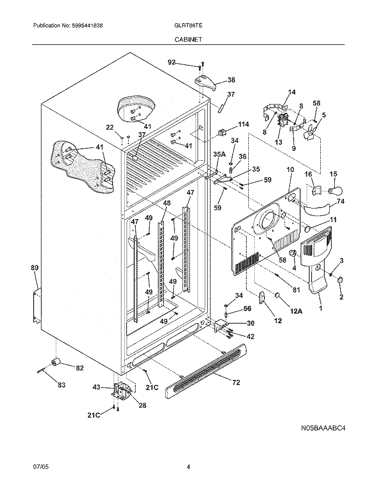 CABINET Diagram and Parts List for GLRT86TEQ4  Frigidaire Refrigerator