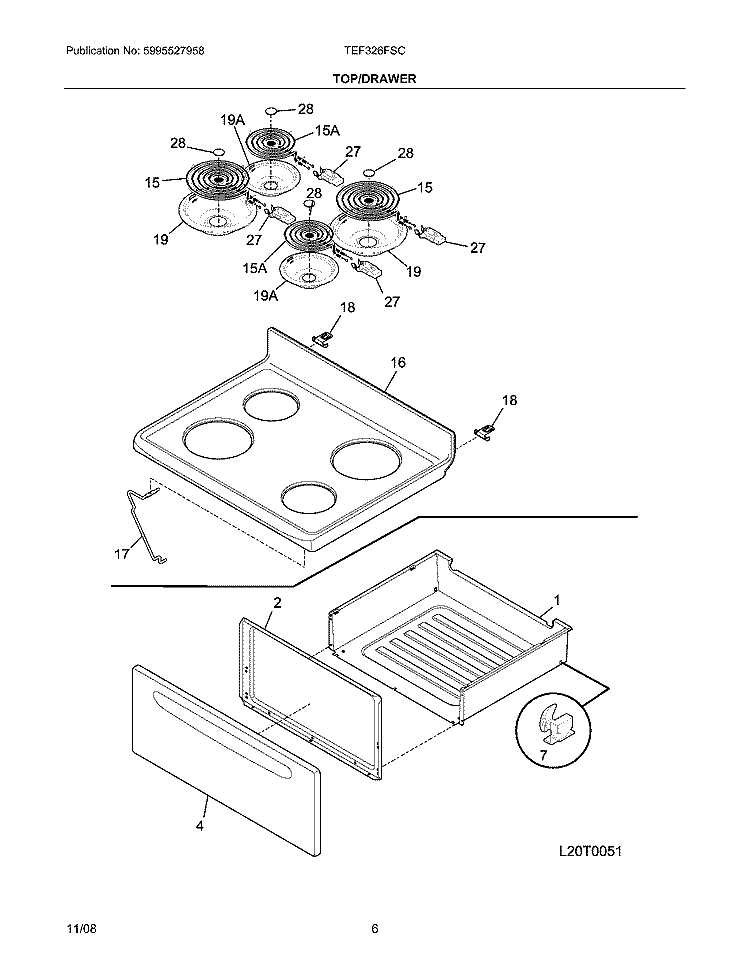 TOP/DRAWER Diagram and Parts List for TEF326FSC  Tappan Range