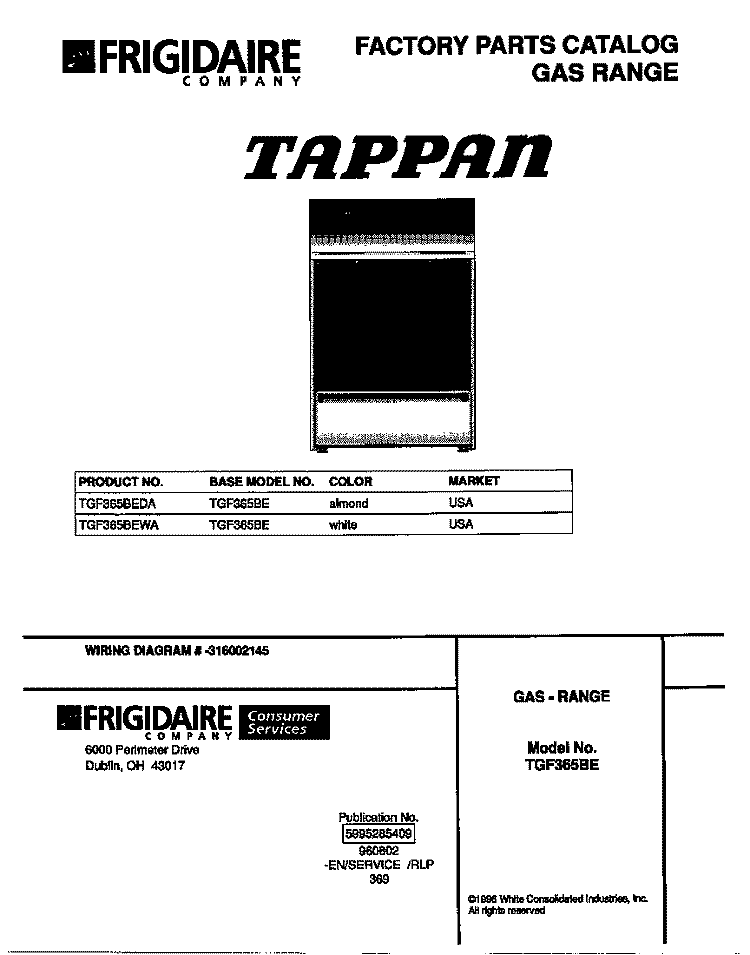 COVER Diagram and Parts List for TGF365BEDA  Tappan Range