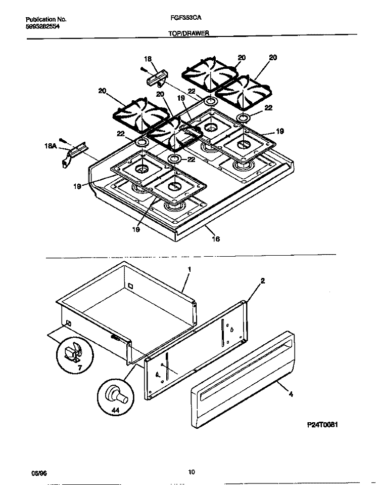 TOP / DRAWER Diagram and Parts List for FGF353CASC  Frigidaire Range
