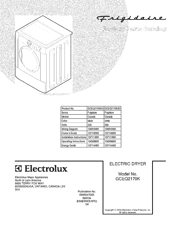 COVER Diagram and Parts List for GCEQ2170KE0  Frigidaire Dryer