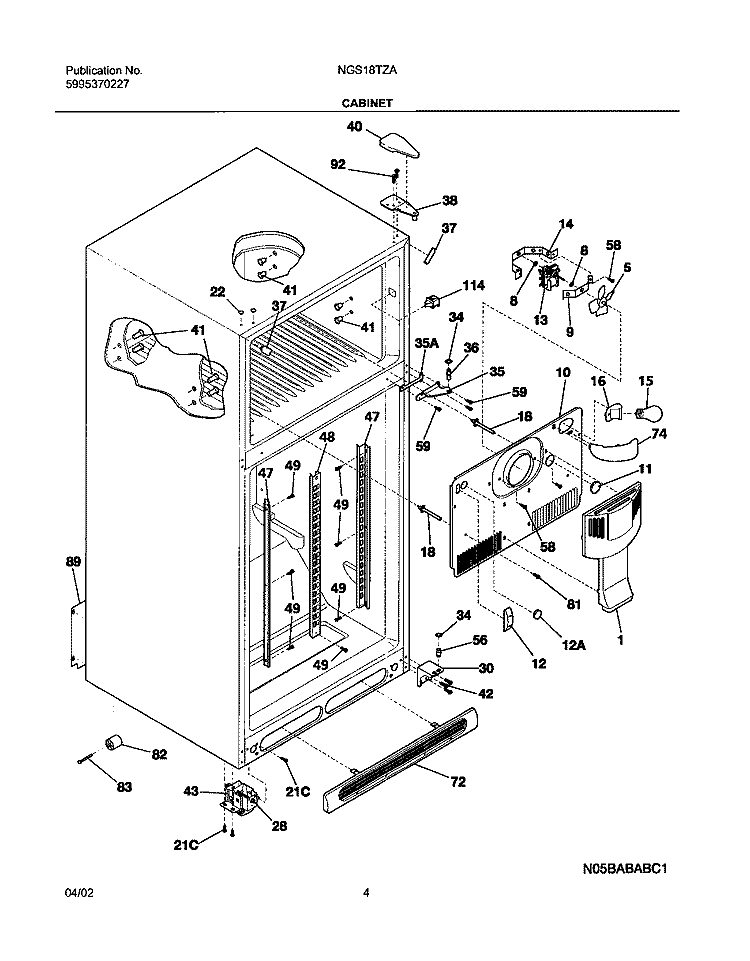 CABINET Diagram and Parts List for NGS18TZAQ2  Frigidaire Refrigerator