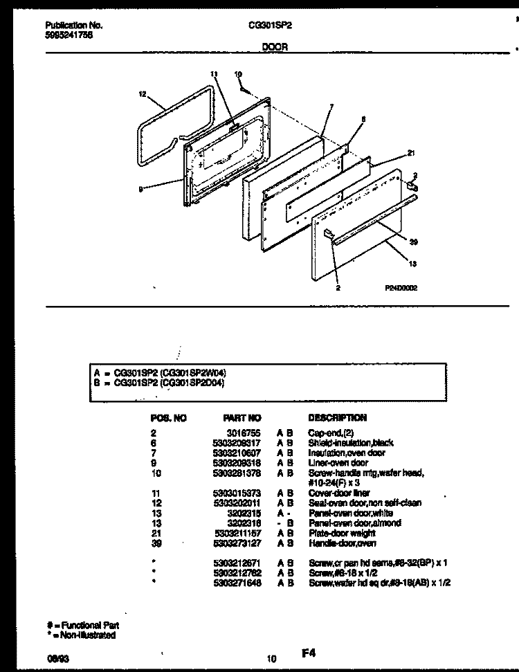 DOOR PARTS Diagram and Parts List for CG301SP2D4  Frigidaire Range