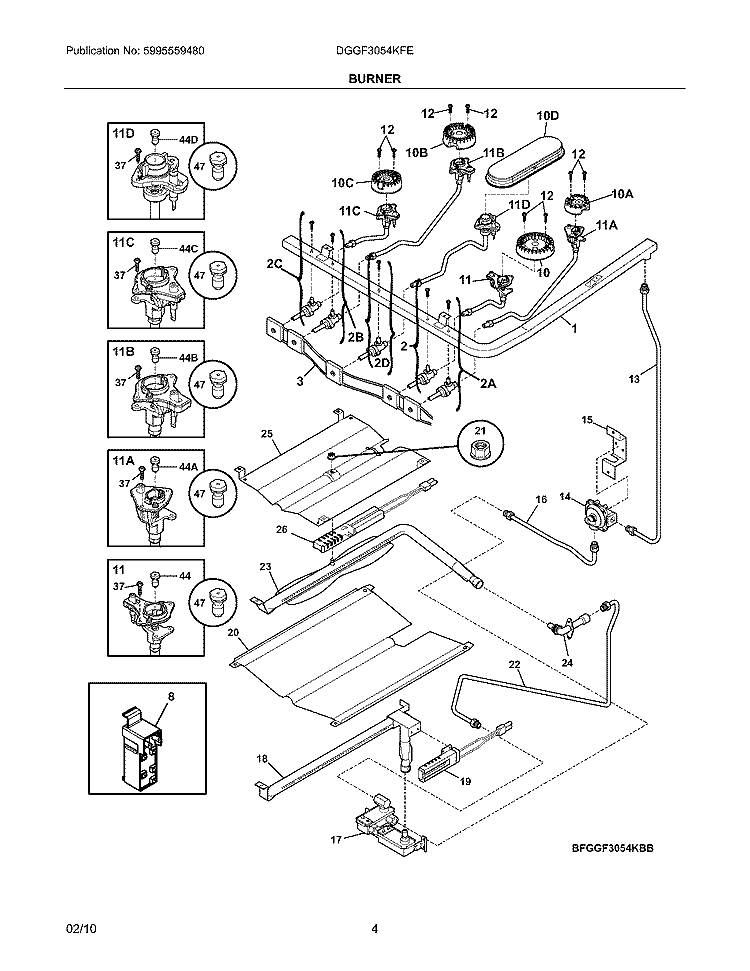 BURNER Diagram and Parts List for DGGF3054KFE  Frigidaire Range