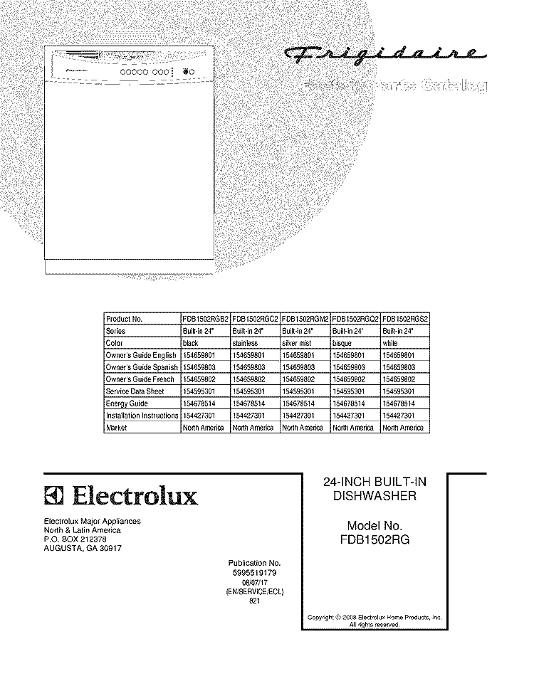 COVER Diagram and Parts List for FDB1502RGQ2  Frigidaire Dishwasher