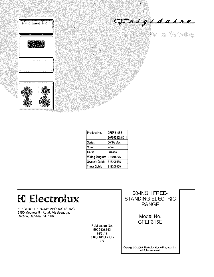 COVER Diagram and Parts List for CFEF316ES1  Frigidaire Range