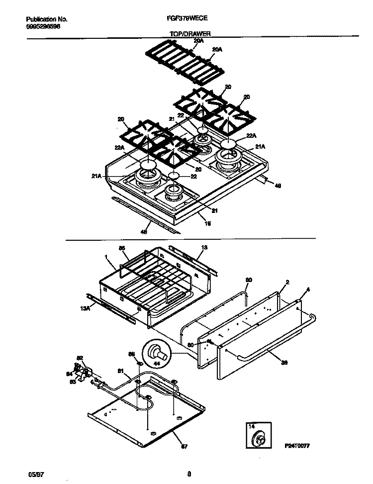 TOP / DRAWER Diagram and Parts List for FGF379WECE  Frigidaire Range