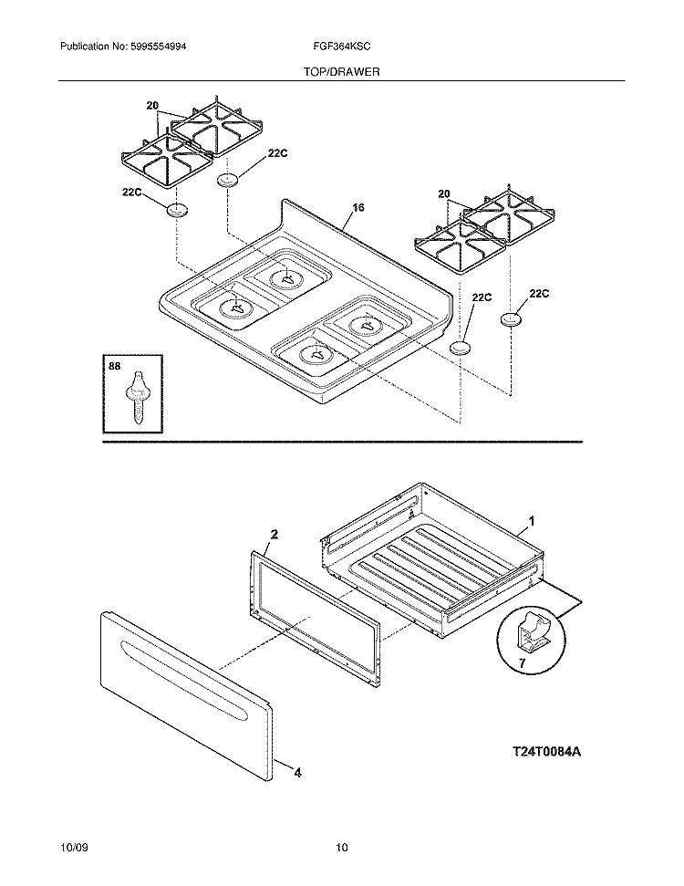 TOP/DRAWER Diagram and Parts List for FGF364KSC  Frigidaire Range