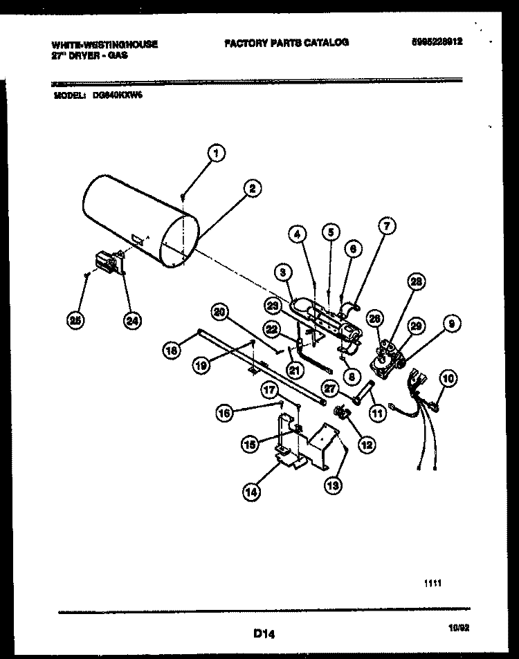 BURNER, IGNITER AND VALVE Diagram and Parts List for DG640KXW6  Frigidaire Dryer