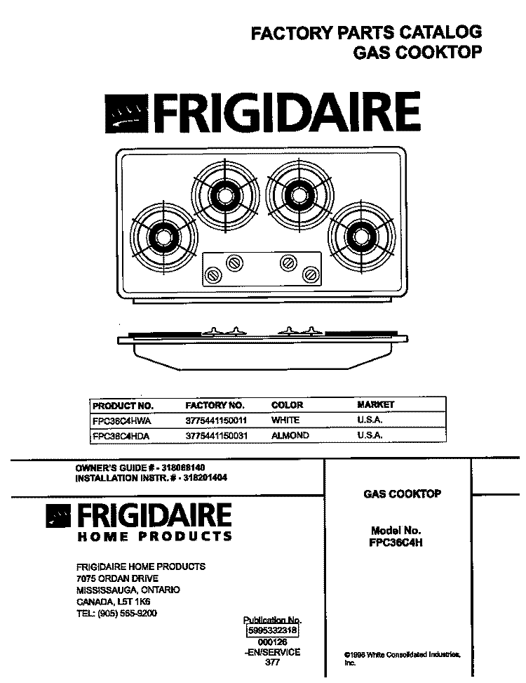 COVER Diagram and Parts List for FPC36C4HWA  Frigidaire Cooktop