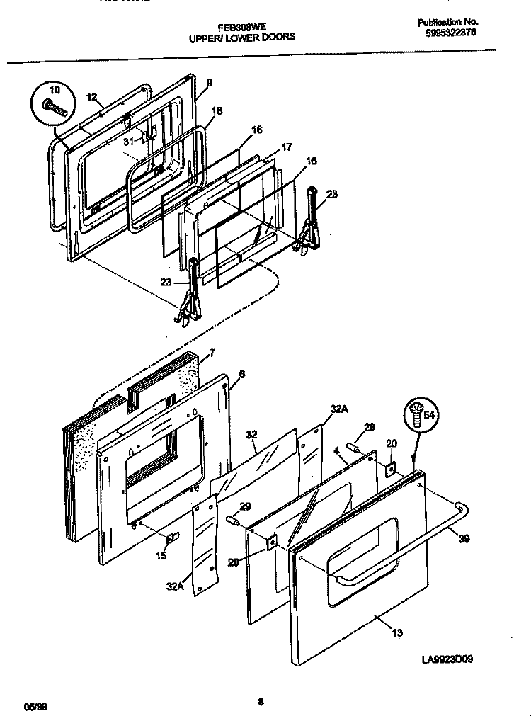 DOOR Diagram and Parts List for FEB398WECC  Frigidaire Wall Oven
