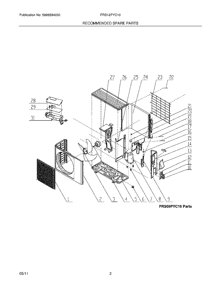 RECOMMENDED SPARE PARTS Diagram and Parts List for FRS12PYC10  Frigidaire Air Conditioner