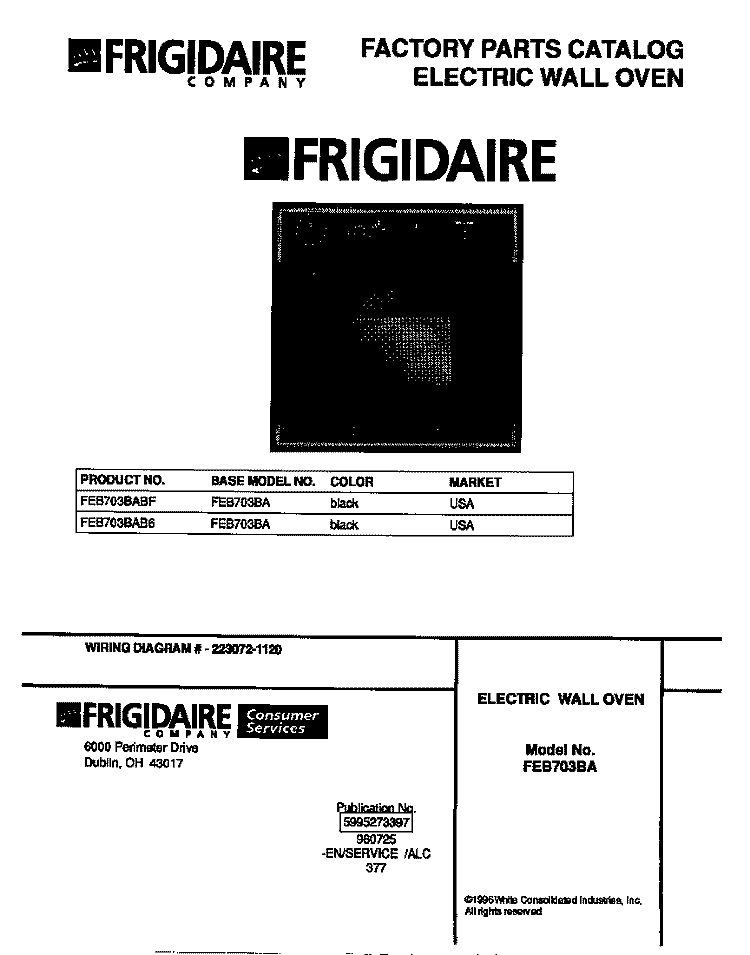 COVER Diagram and Parts List for FEB703BABF  Frigidaire Wall Oven