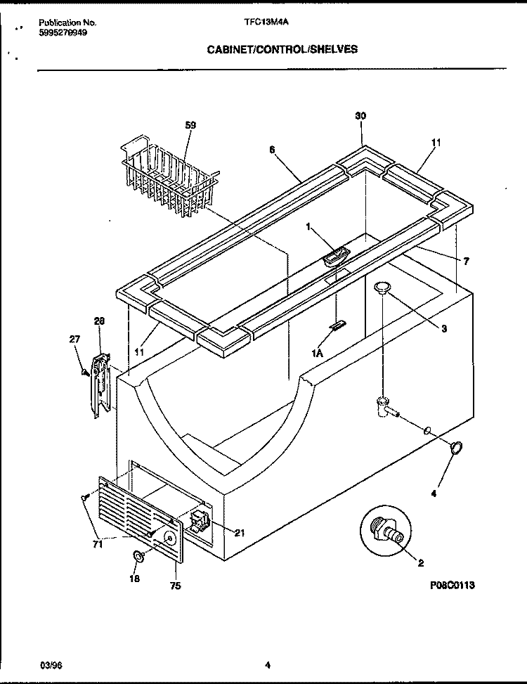 CABINET / CONTROL / SHELVES Diagram and Parts List for TFC13M4AW3  Tappan Freezer