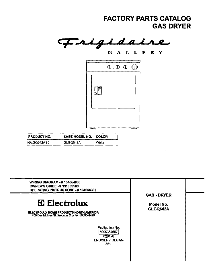 COVER Diagram and Parts List for GLGQ642AS0  Frigidaire Dryer