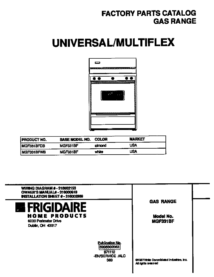 COVER Diagram and Parts List for MGF331BFDB  Frigidaire Range