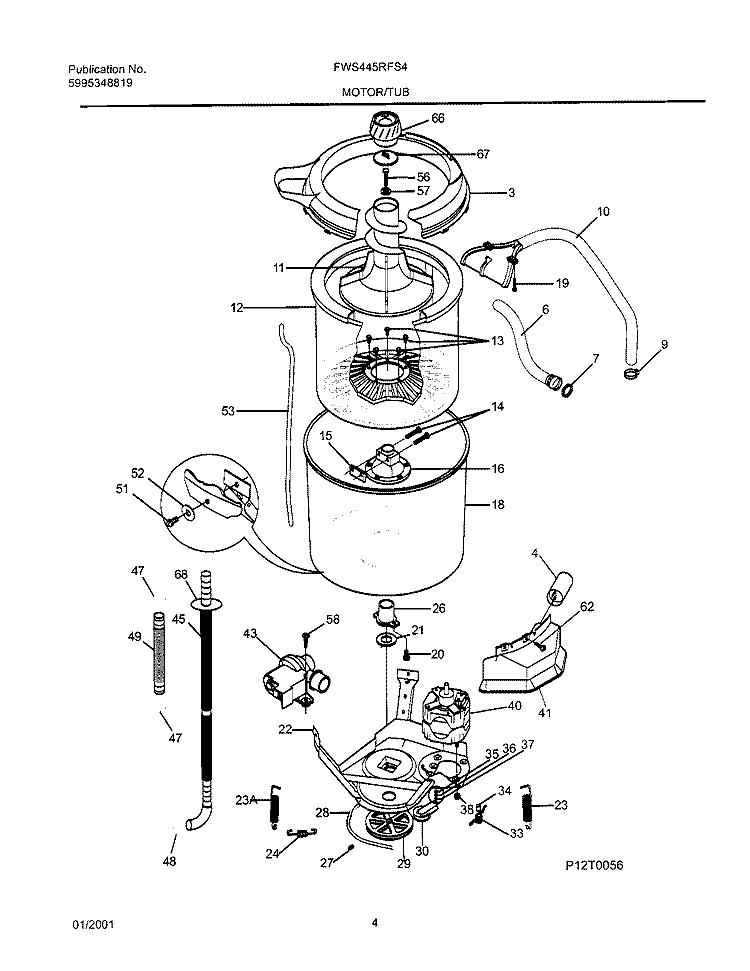 WSHR MTR, HOSE Diagram and Parts List for FWS445RFS4  Frigidaire Washer