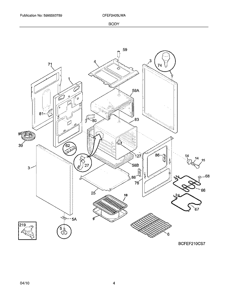 BODY Diagram and Parts List for CFEF2405LWA  Frigidaire Range