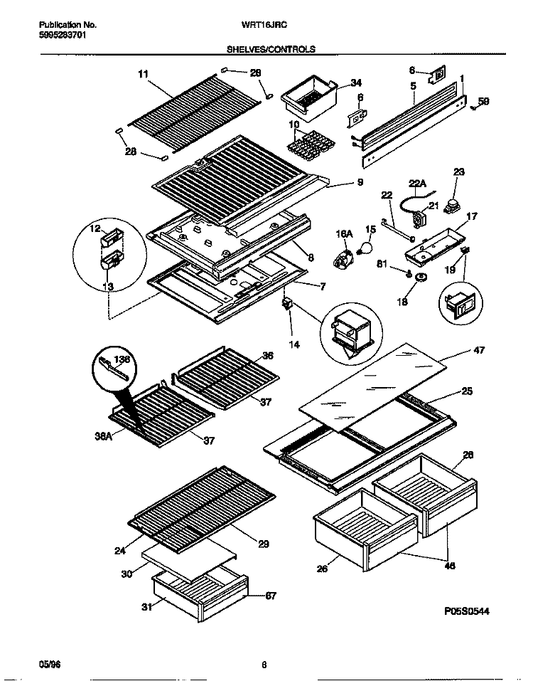 SHELVES / CONTROLS Diagram and Parts List for WRT16JRCD2  Frigidaire Refrigerator