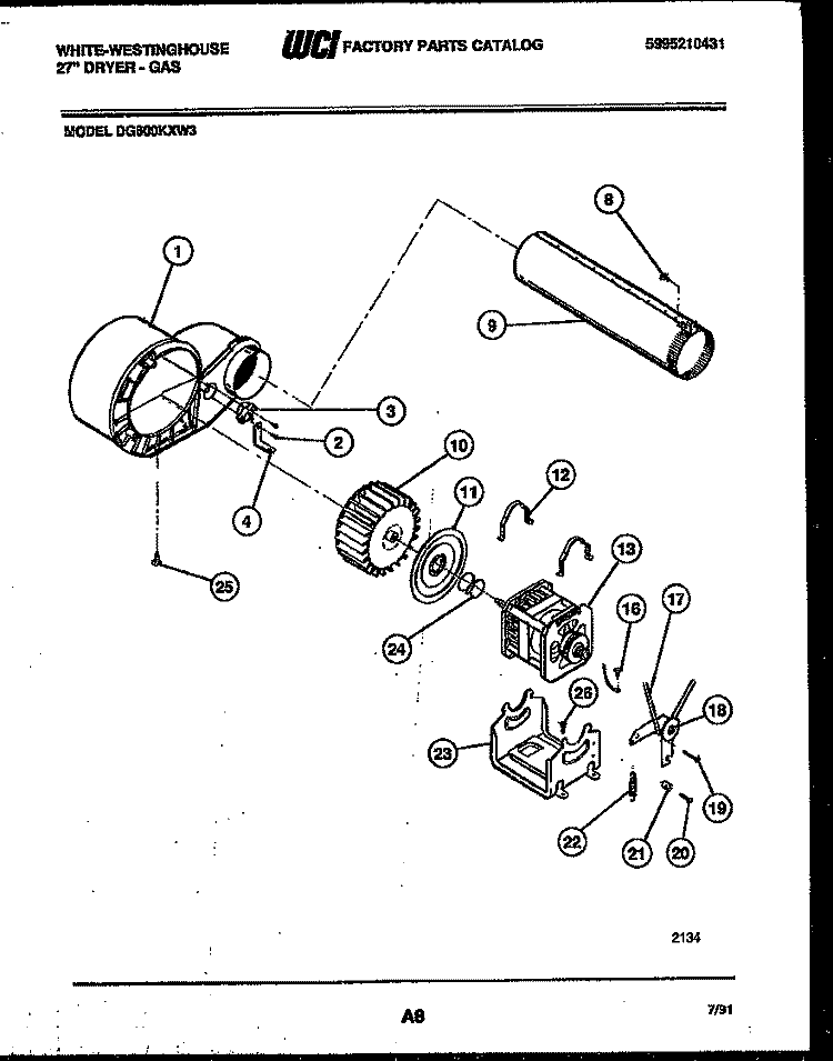 BLOWER AND DRIVE PARTS Diagram and Parts List for DG600KXW3  Frigidaire Dryer