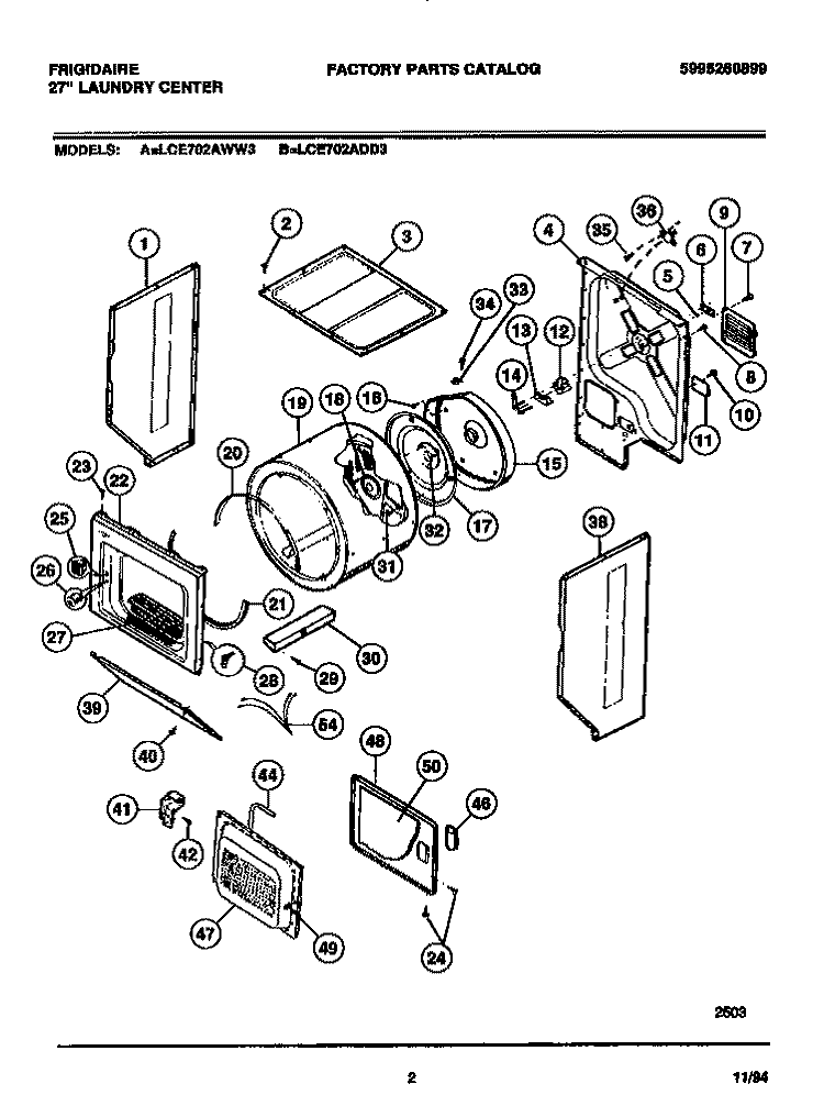 DRYER - CABINET, DRUM, HEATER Diagram and Parts List for LCE702AWW3  Frigidaire Washer Dryer Combo
