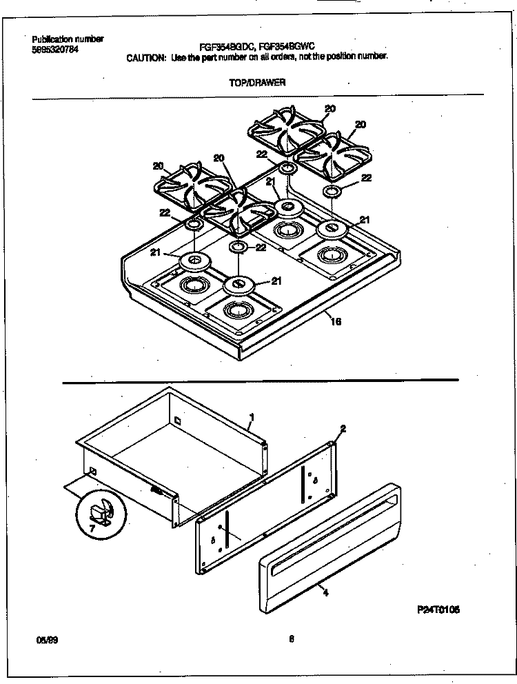 TOP / DRAWER Diagram and Parts List for FGF354BGDC  Frigidaire Range