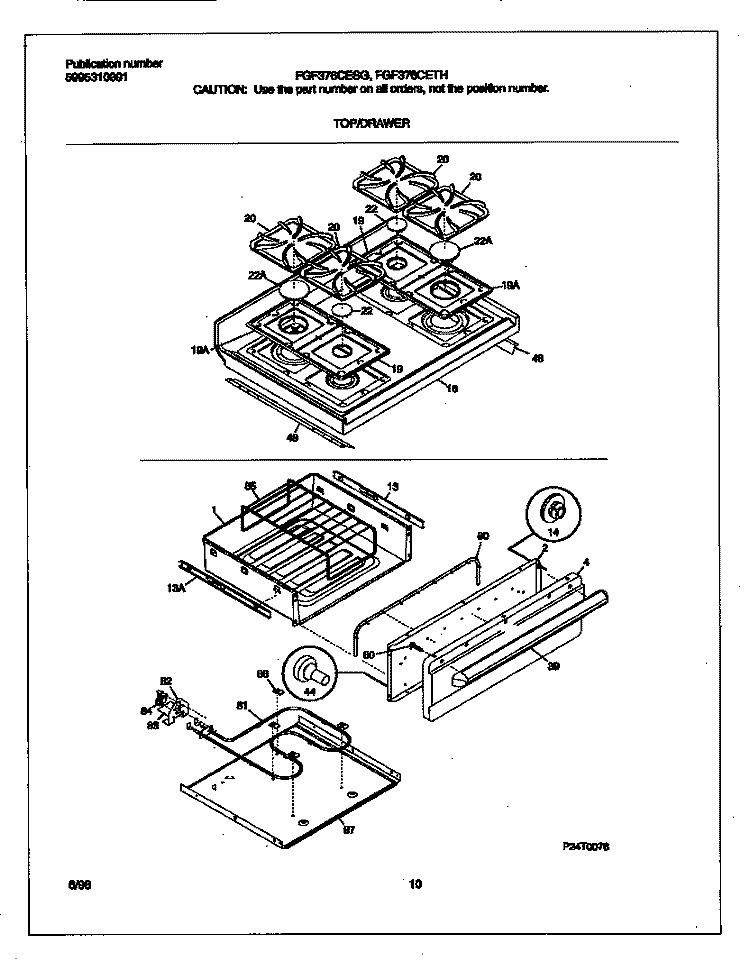 TOP / DRAWER Diagram and Parts List for FGF376CETH  Frigidaire Range