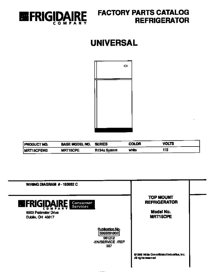 COVER Diagram and Parts List for MRT15CPEW2  Frigidaire Refrigerator