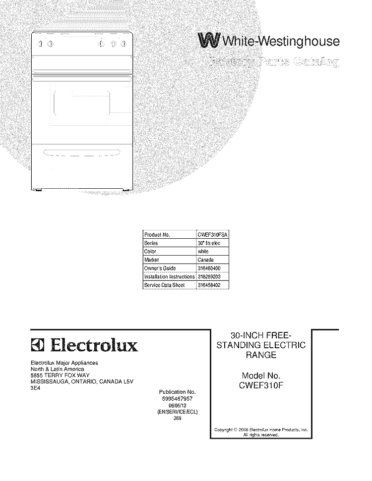COVER Diagram and Parts List for CWEF310FSA  Westinghouse Range