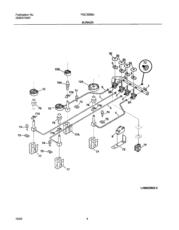 BURNER Diagram and Parts List for FGC30S8JBA  Frigidaire Cooktop