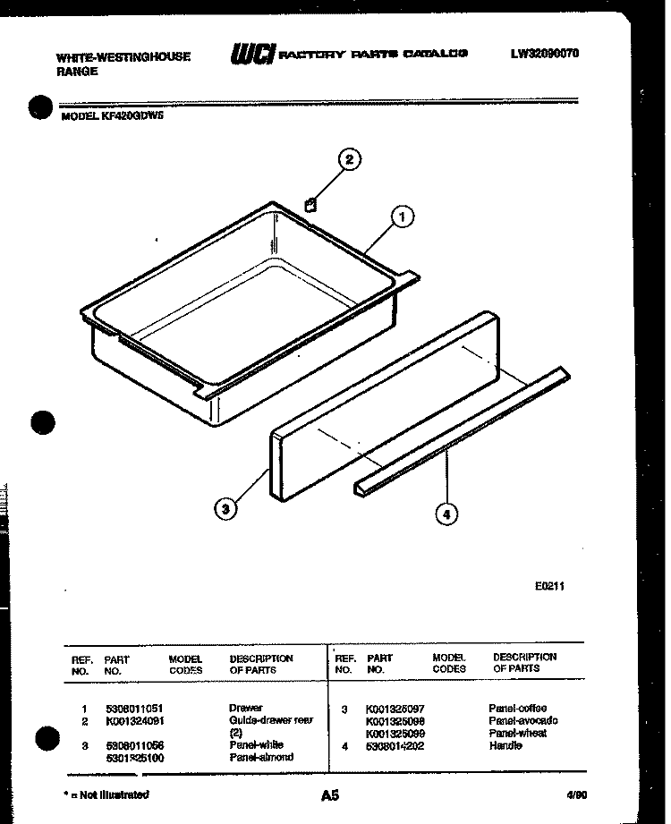 DRAWER PARTS Diagram and Parts List for KF420GDD5  Frigidaire Range