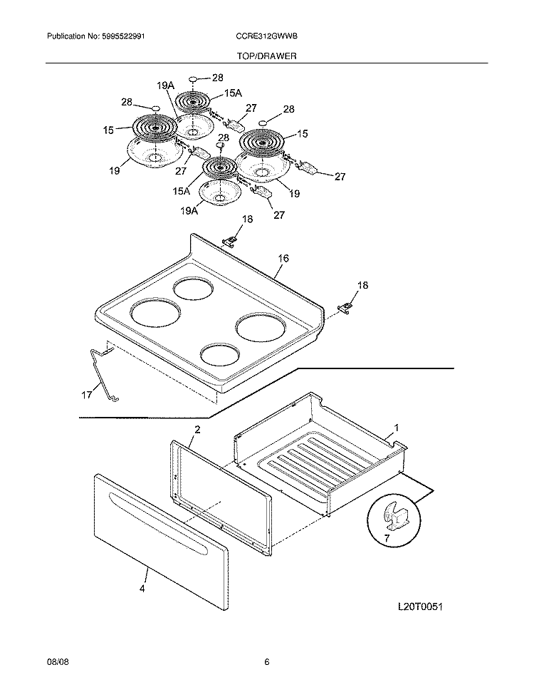 TOP/DRAWER Diagram and Parts List for CCRE312GWWB  Crosley Range