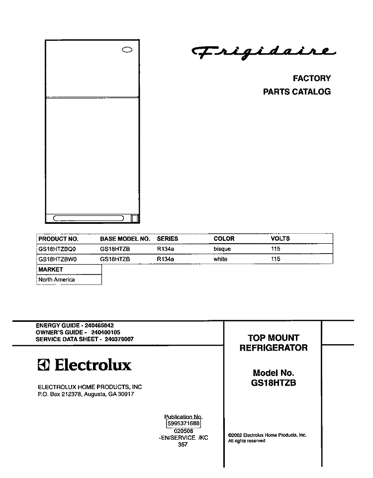 COVER Diagram and Parts List for GS18HTZBQ0  Frigidaire Refrigerator