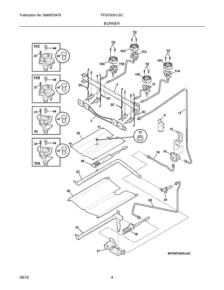 BURNER Diagram and Parts List for FFGF3051LSC  Frigidaire Range