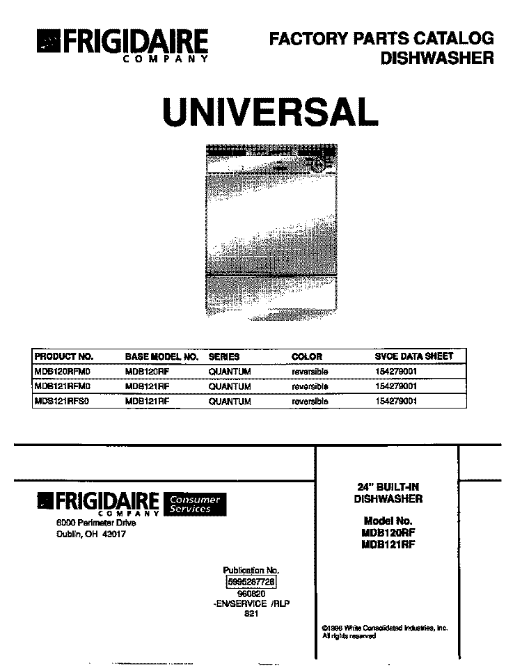 COVER Diagram and Parts List for MDB120RFM0  Frigidaire Dishwasher