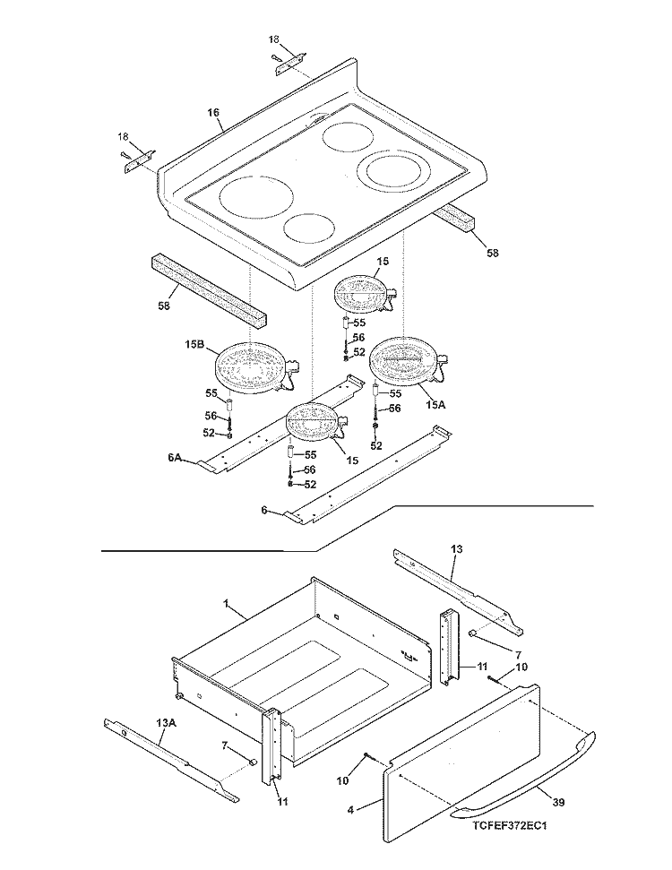 TOP / DRAWER Diagram and Parts List for CFEF372EC3  Frigidaire Range