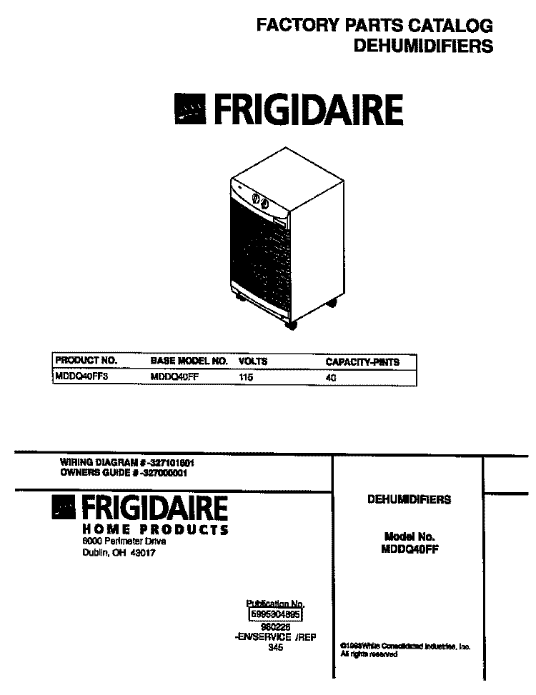 COVER Diagram and Parts List for MDDQ40FF3  Frigidaire Dehumidifier