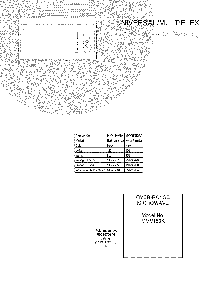 COVER Diagram and Parts List for MMV150KBA  Uni Microwave