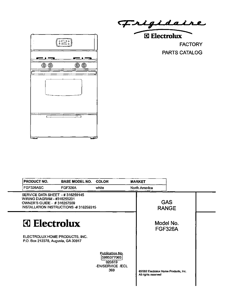 COVER Diagram and Parts List for FGF326ASC  Frigidaire Range