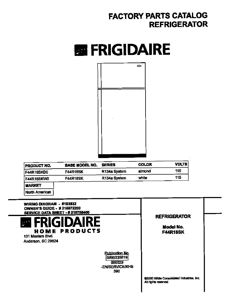 COVER Diagram and Parts List for F44R18SKW0  Frigidaire Refrigerator