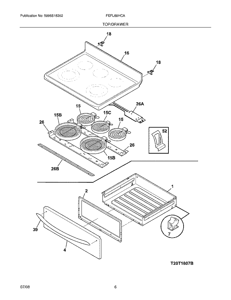 TOP/DRAWER Diagram and Parts List for FEFL69HCA  Frigidaire Range