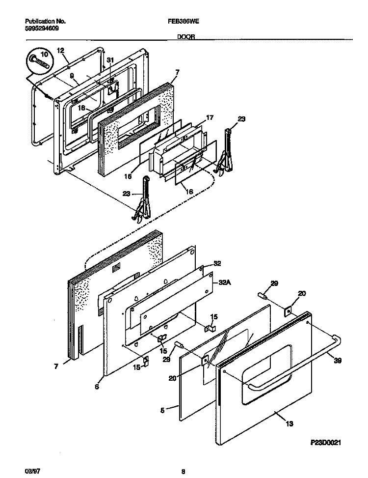 DOOR Diagram and Parts List for FEB386WECC  Frigidaire Wall Oven
