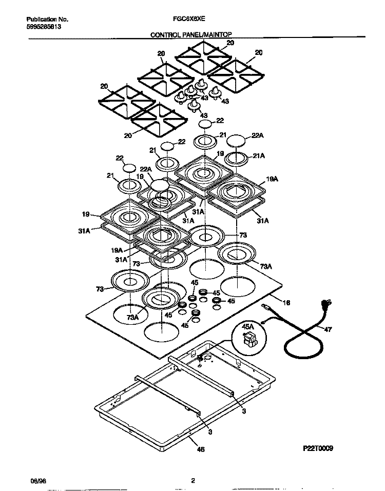 CONTROL PANEL / MAIN TOP Diagram and Parts List for FGC6X8XESA  Frigidaire Cooktop