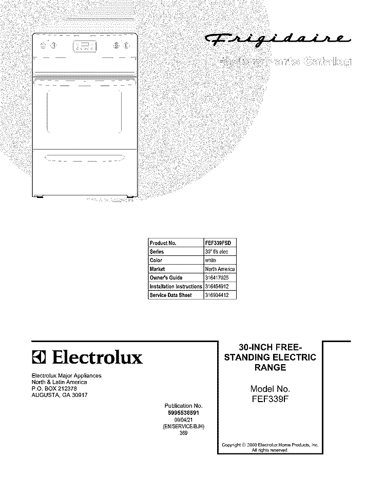 COVER Diagram and Parts List for FEF339FSD  Frigidaire Range