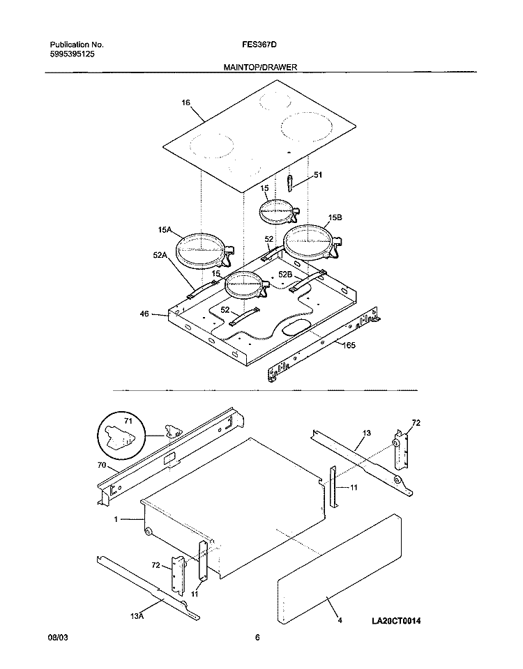TOP / DRAWER Diagram and Parts List for FES367DQA  Frigidaire Range