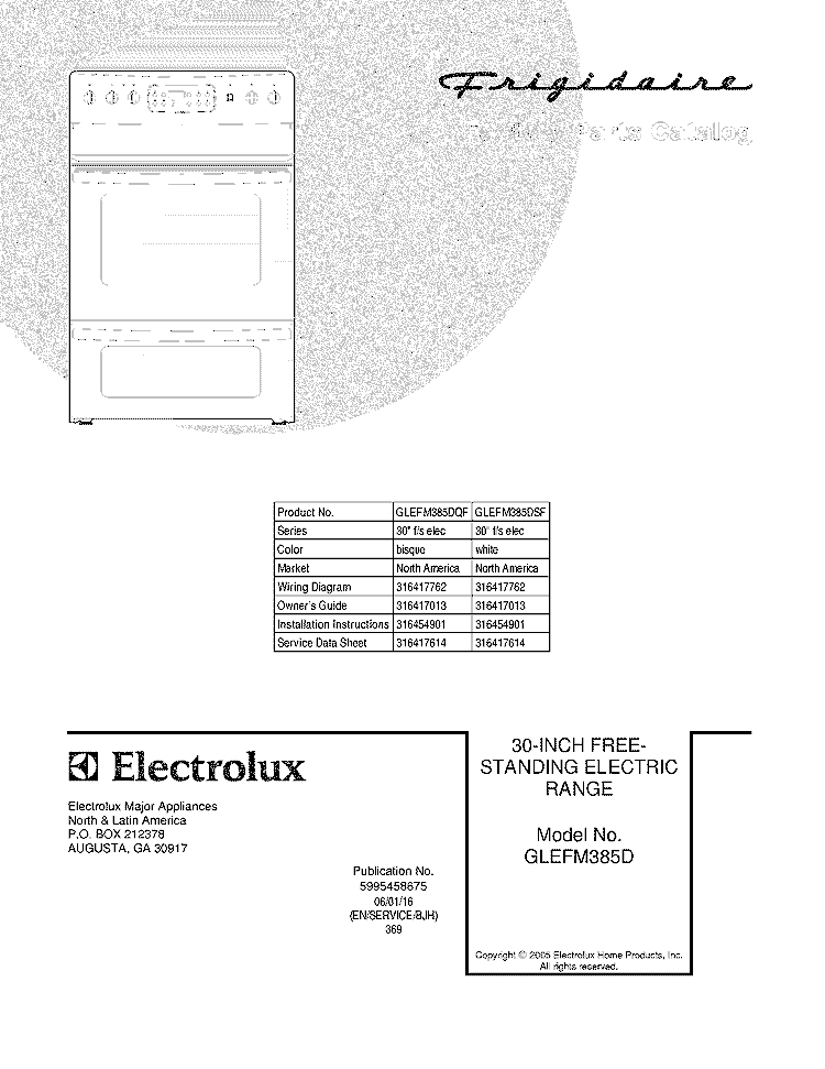 COVER Diagram and Parts List for GLEFM385DSF  Frigidaire Range