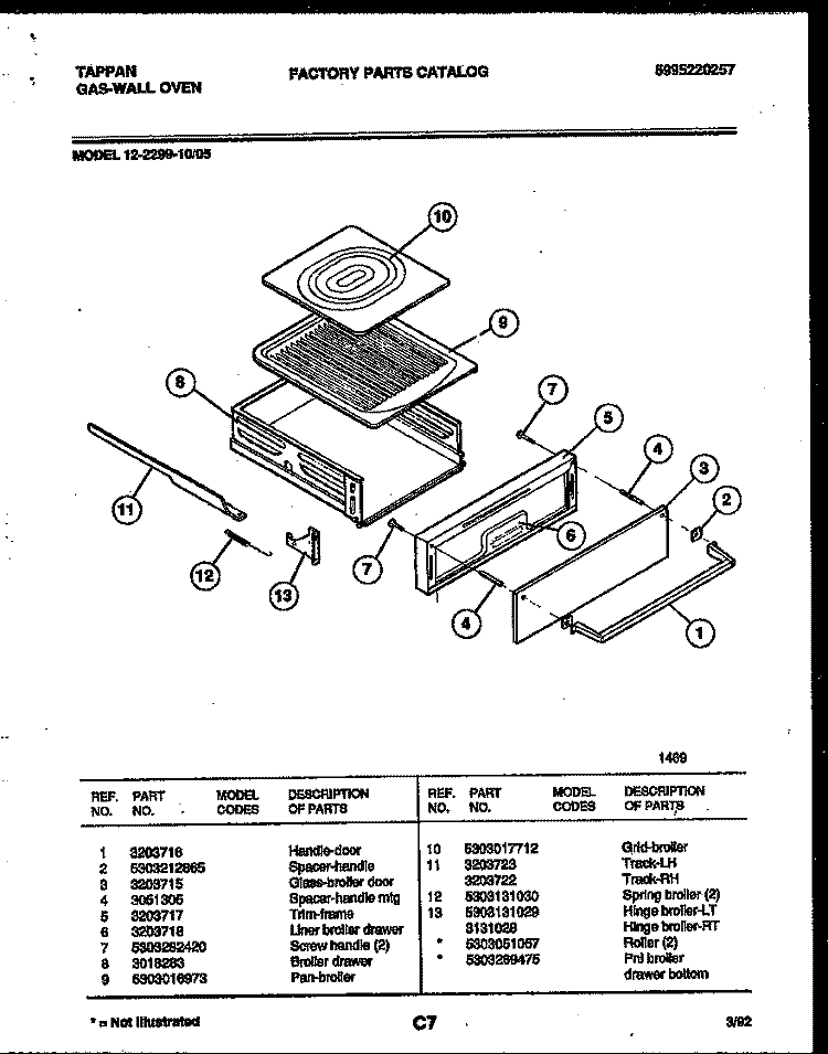 BROILER DRAWER PARTS Diagram and Parts List for 12-2299-10  Tappan Wall Oven