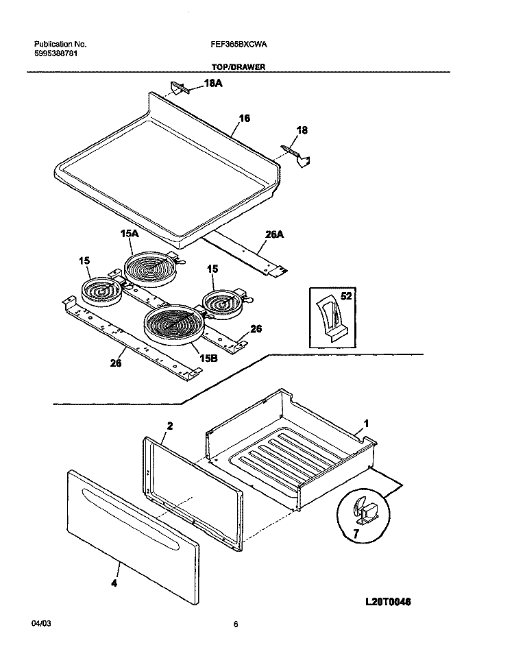 TOP / DRAWER Diagram and Parts List for FEF365BXCWA  Frigidaire Range