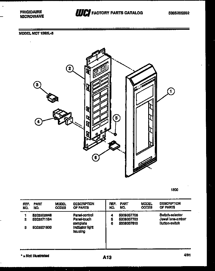 CONTROL PANEL Diagram and Parts List for MCT1365L5  Frigidaire Microwave