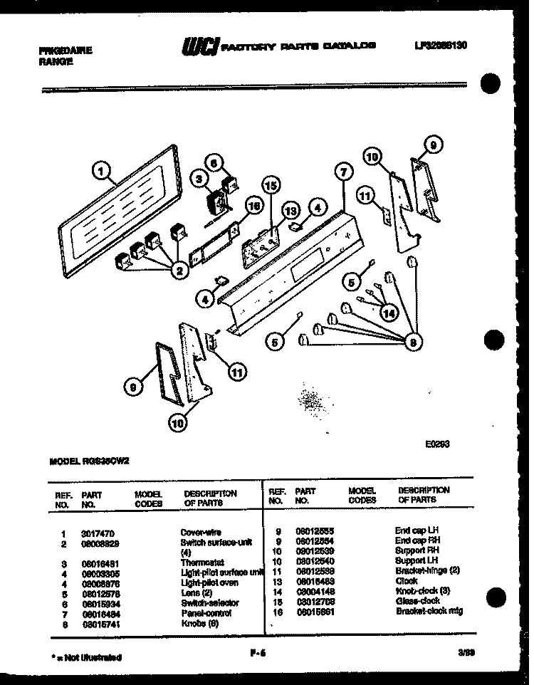 CONTROL PANEL Diagram and Parts List for RGS35CL2  Frigidaire Range